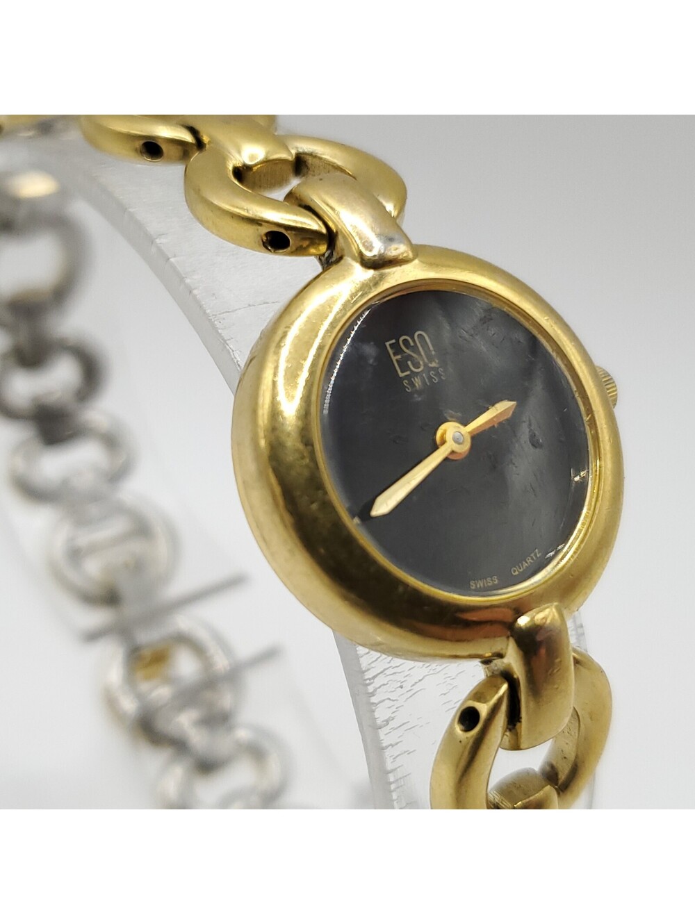 ESQ Swiss Quartz Watch 22mm Women Black Dial Gold Tone New Battery